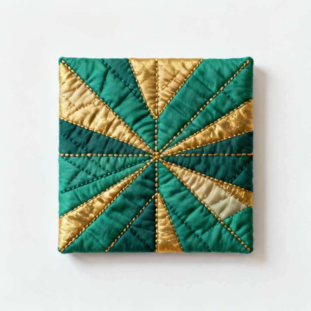 Abstract Fabric Quilted Wall Art - Emerald & Gold Accent - 12x18 inches