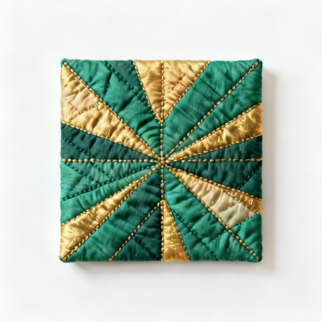 Abstract Fabric Quilted Wall Art - Emerald & Gold Accent - 12x18 inches