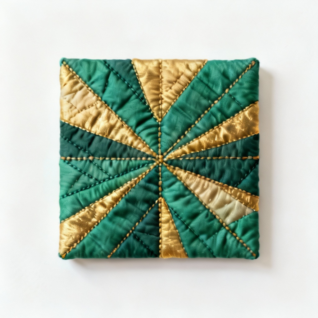 Abstract Fabric Quilted Wall Art - Emerald & Gold Accent - 12x18 inches