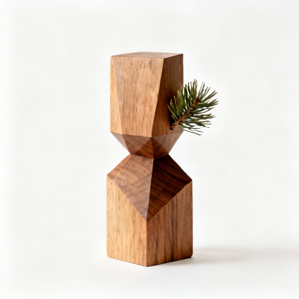 Abstract Wood Sculpture with Pine Accent - Geometric Home Decor