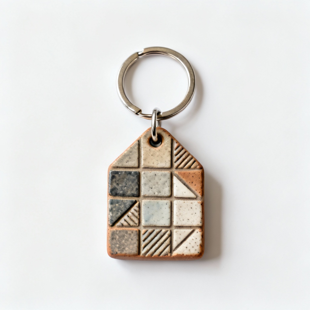 Artisan Clay & Stoneware Mosaic Keychains - Textured Geometric Design