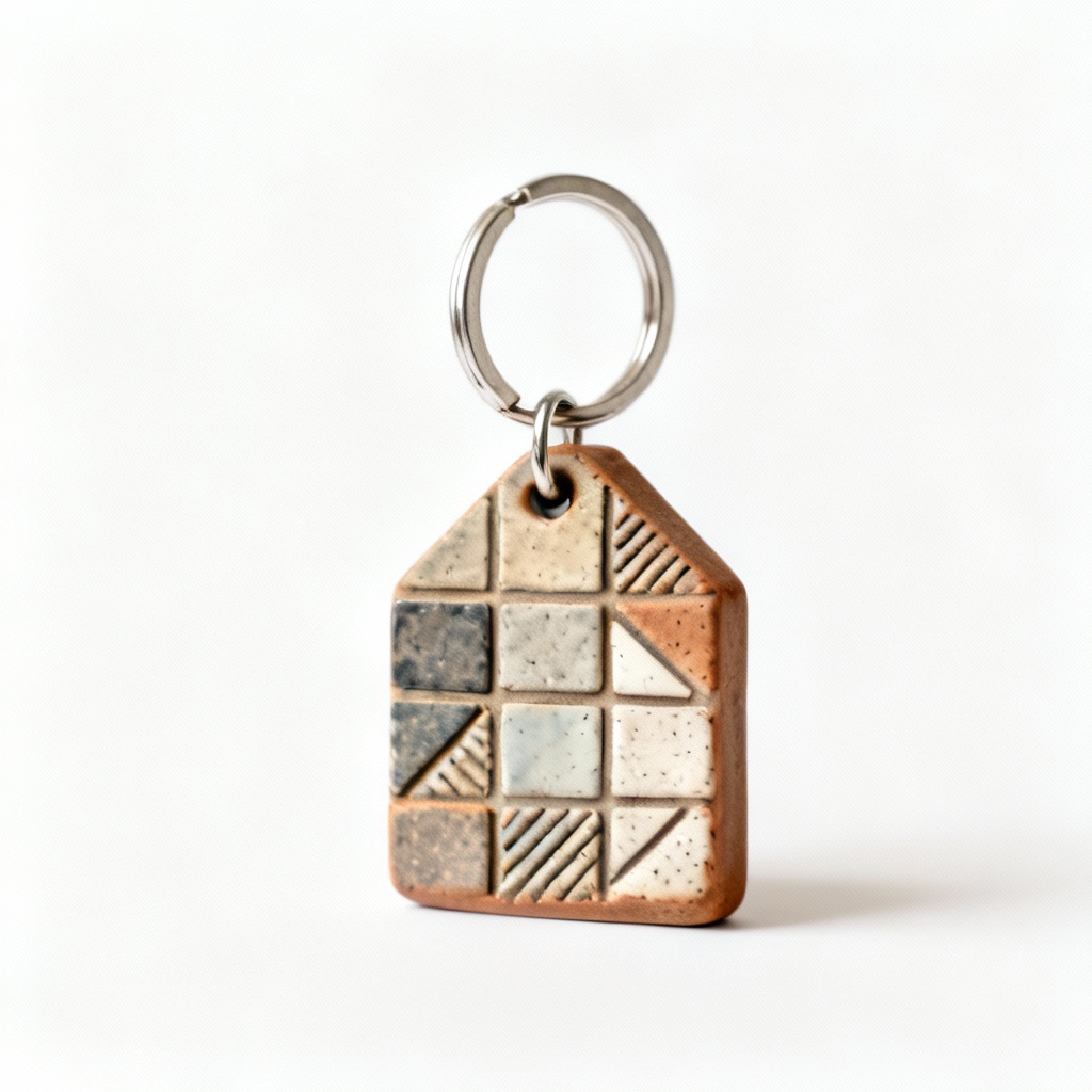 Artisan Clay & Stoneware Mosaic Keychains - Textured Geometric Design