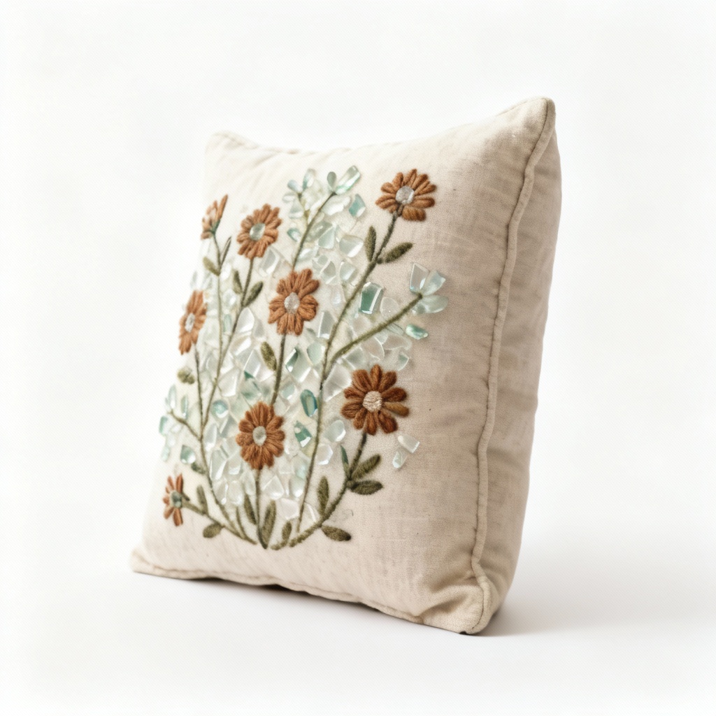 Artisan Glass Shard Embroidered Pillow - Rustic Floral Design, 12x12 Inch