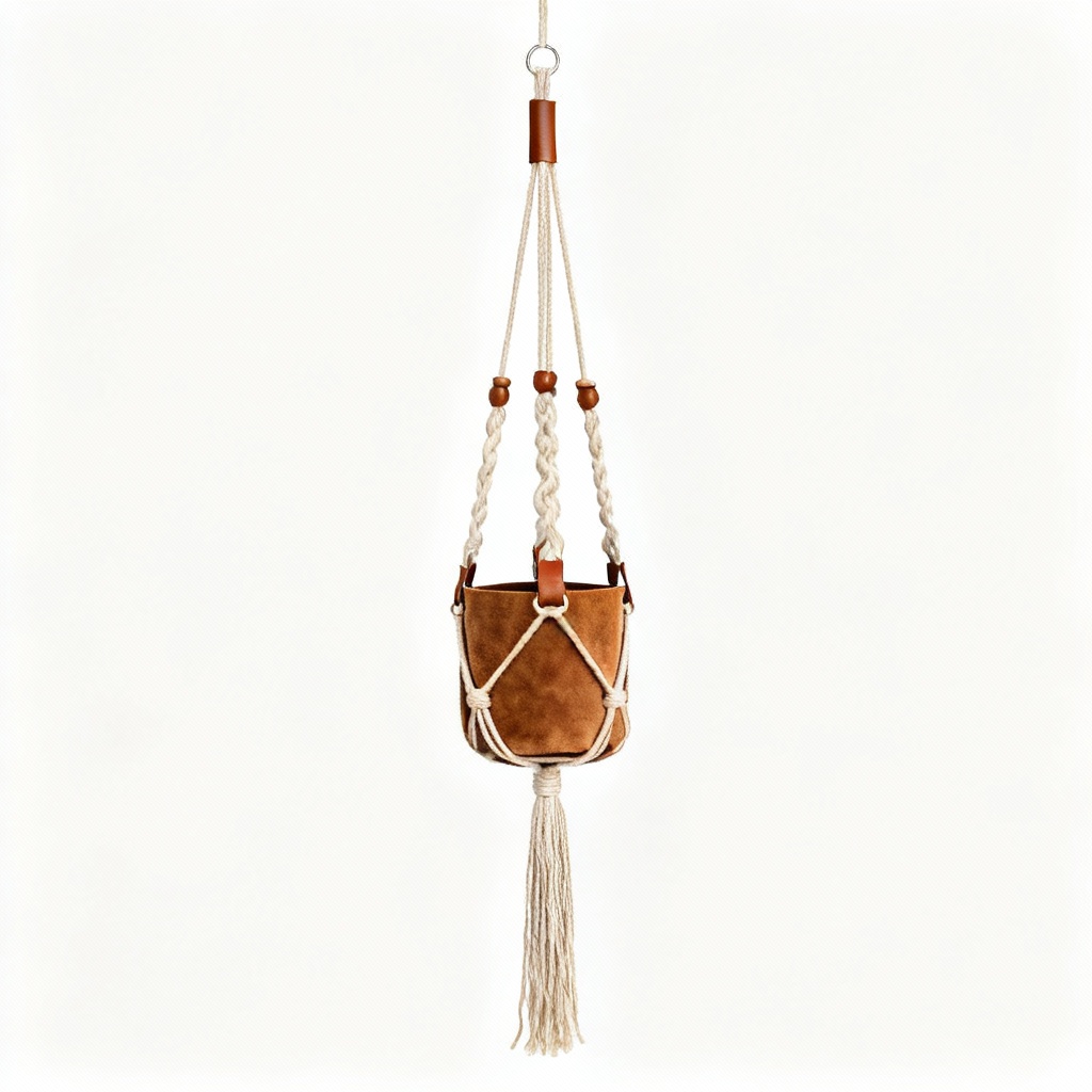 Artisan Leather & Suede Macrame Plant Hanger - 30 Inch Length