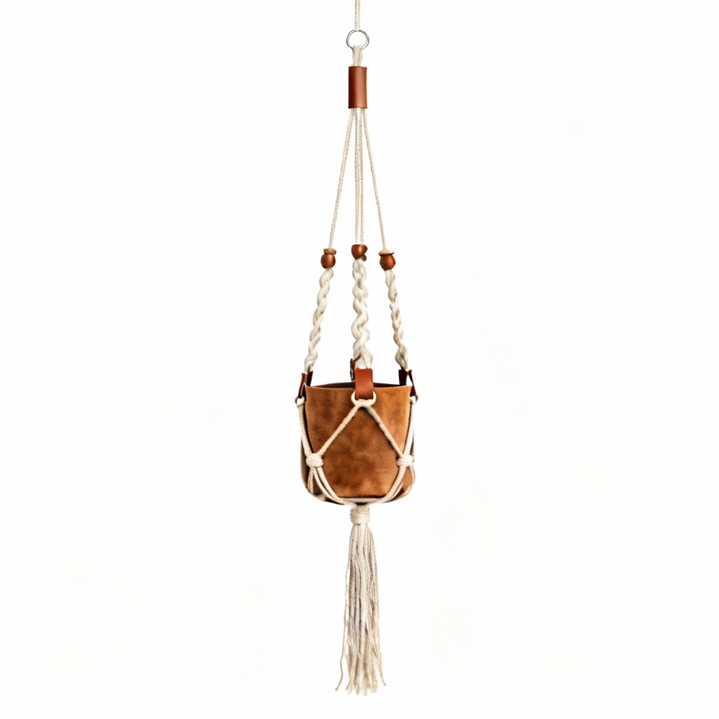 Artisan Leather & Suede Macrame Plant Hanger - 30 Inch Length