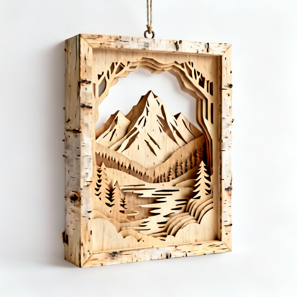 Birch Wood Paper Sculpture - Mountain Scene in Shadow Box
