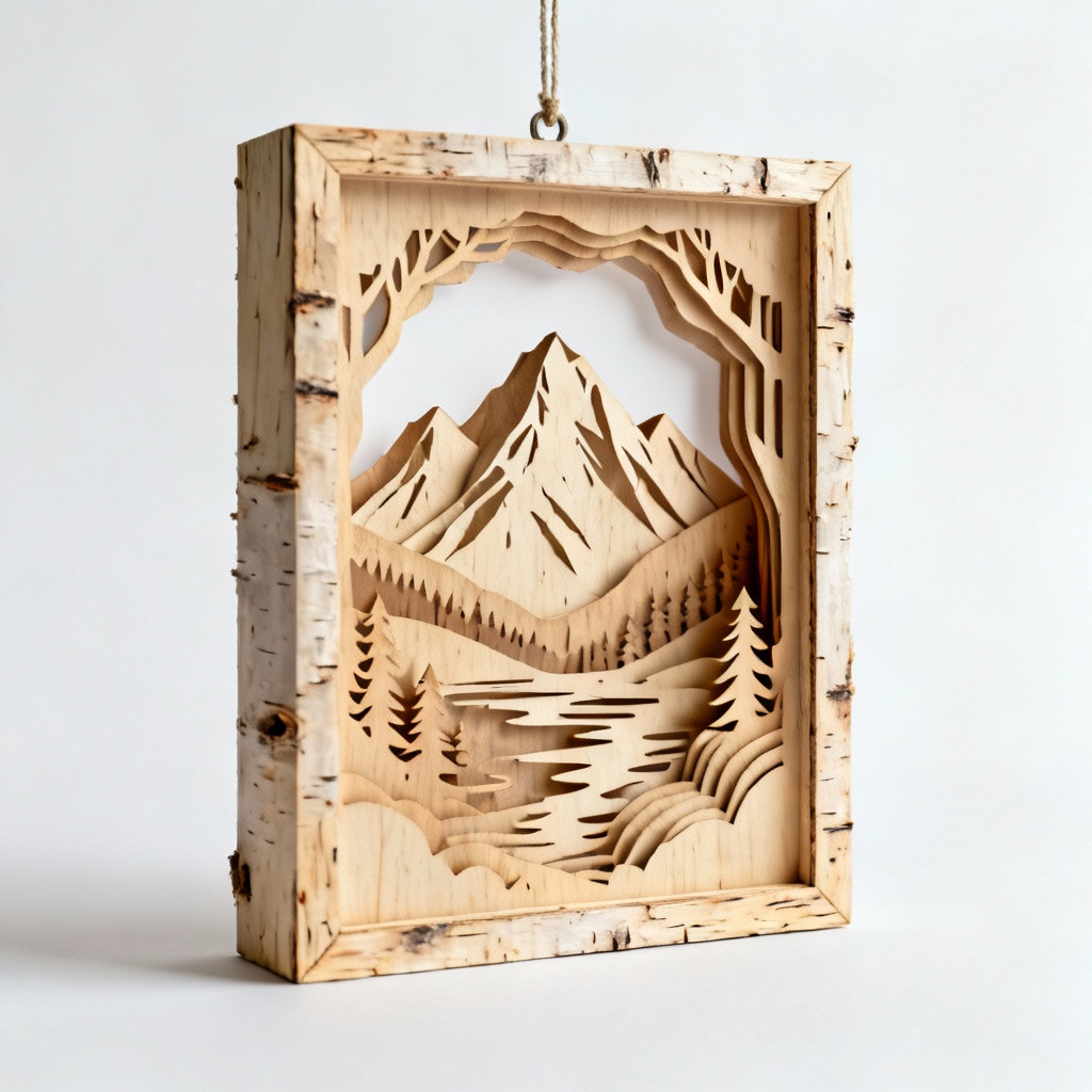 Birch Wood Paper Sculpture - Mountain Scene in Shadow Box