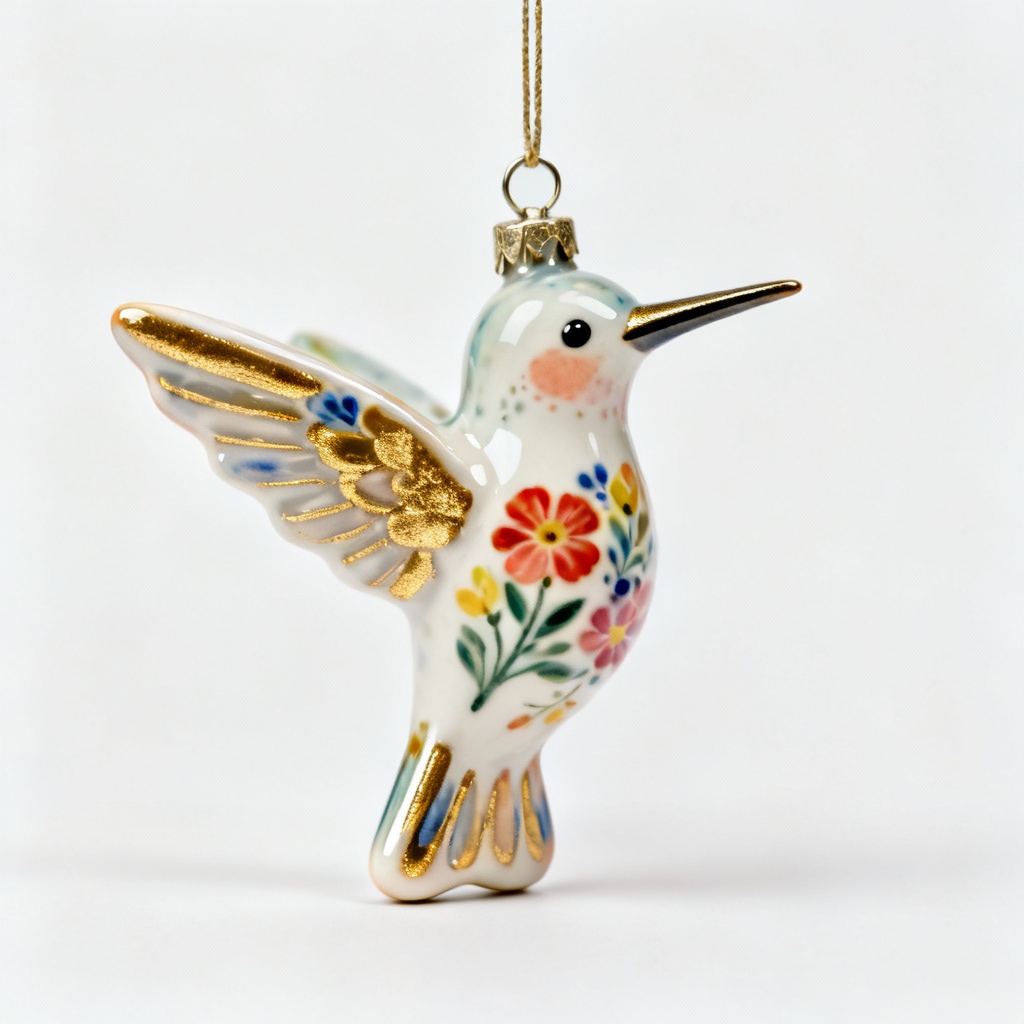 Clay & Porcelain Hummingbird Ornament - Hand-Painted Floral Design, 4-Inch