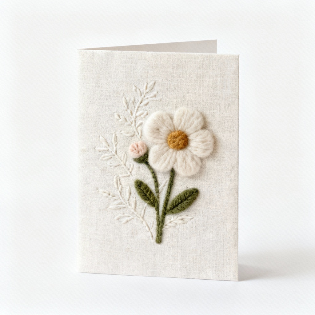 Embossed Fabric Greeting Card - Subtle Floral Design on Linen with Wool Applique
