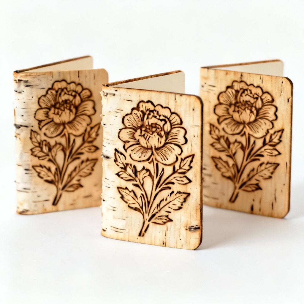 Etched Birch Wood Greeting Cards - Set of 3 - Floral Designs