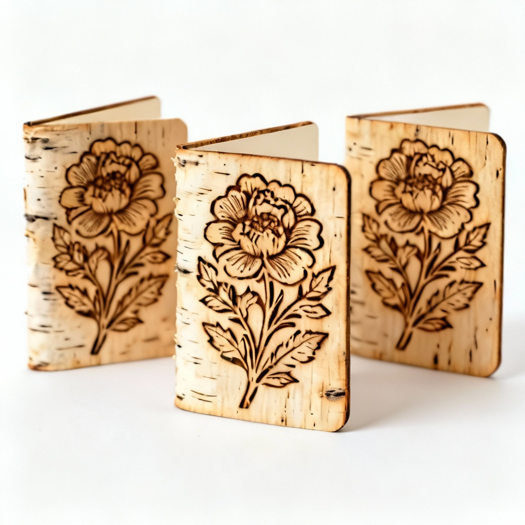Etched Birch Wood Greeting Cards - Set of 3 - Floral Designs