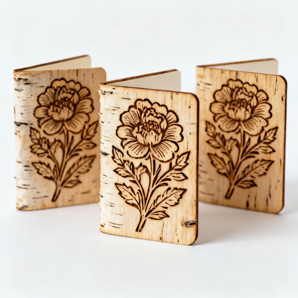 Etched Birch Wood Greeting Cards - Set of 3 - Floral Designs