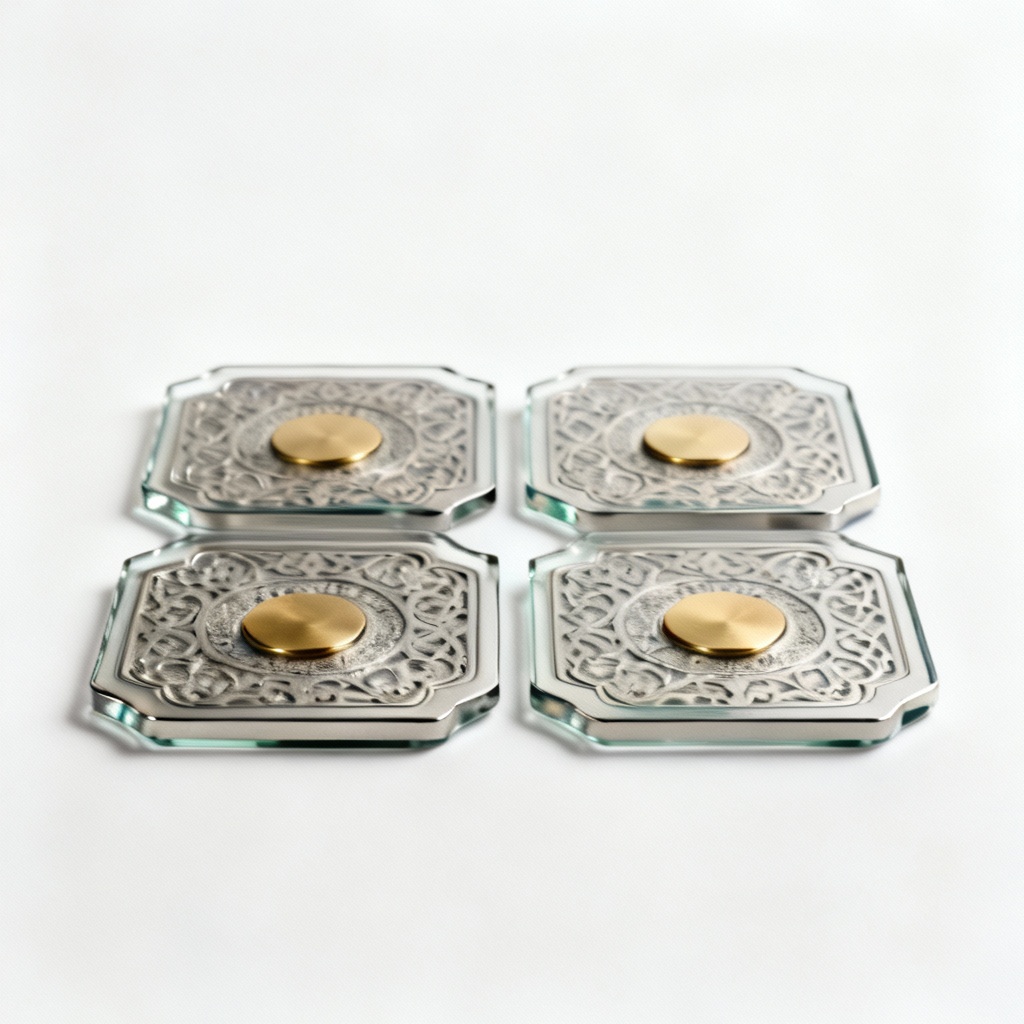 Etched Metal Coasters with Brass Inlay - Set of 4