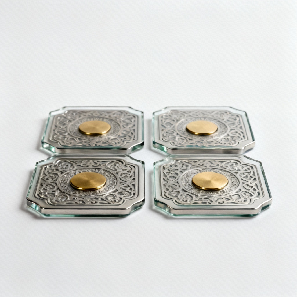 Etched Metal Coasters with Brass Inlay - Set of 4
