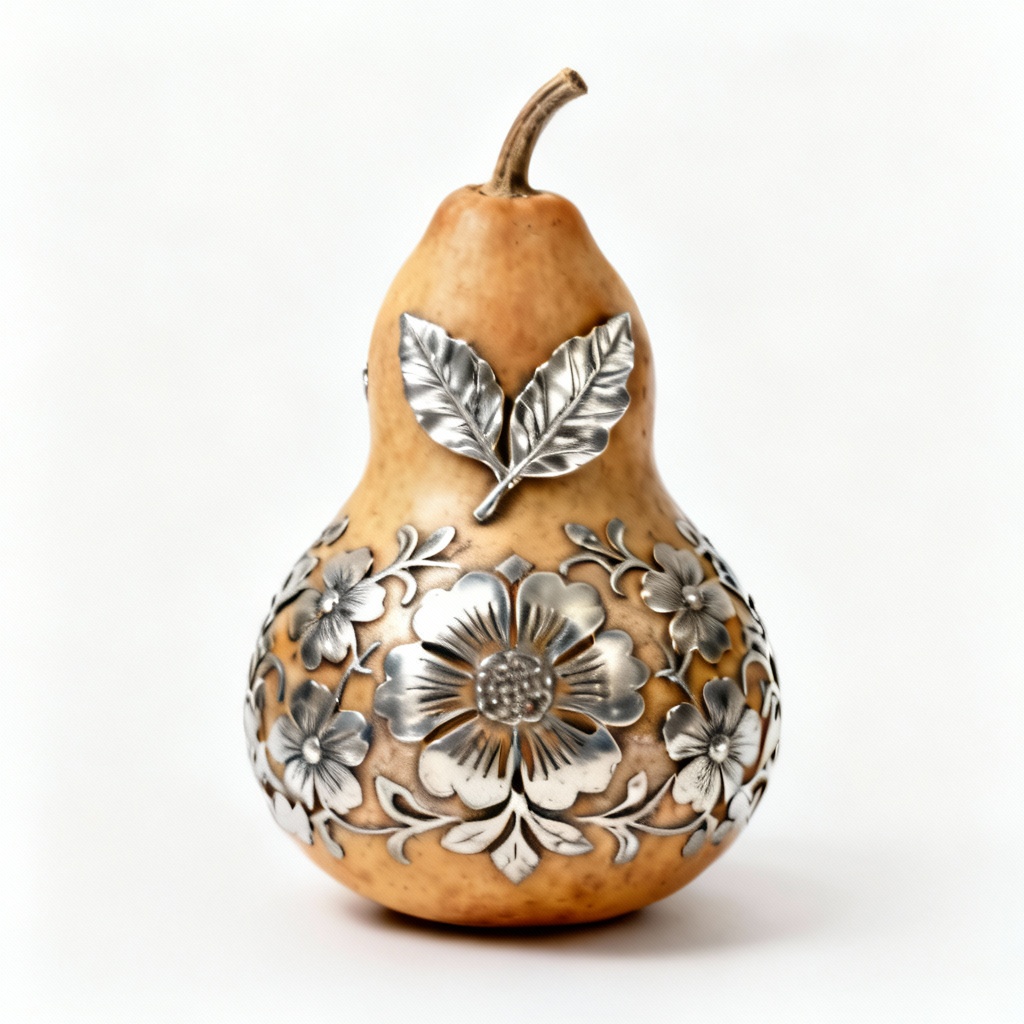 Etched Metal Decorated Gourd with Silver Leaf Accent - 6 Inch