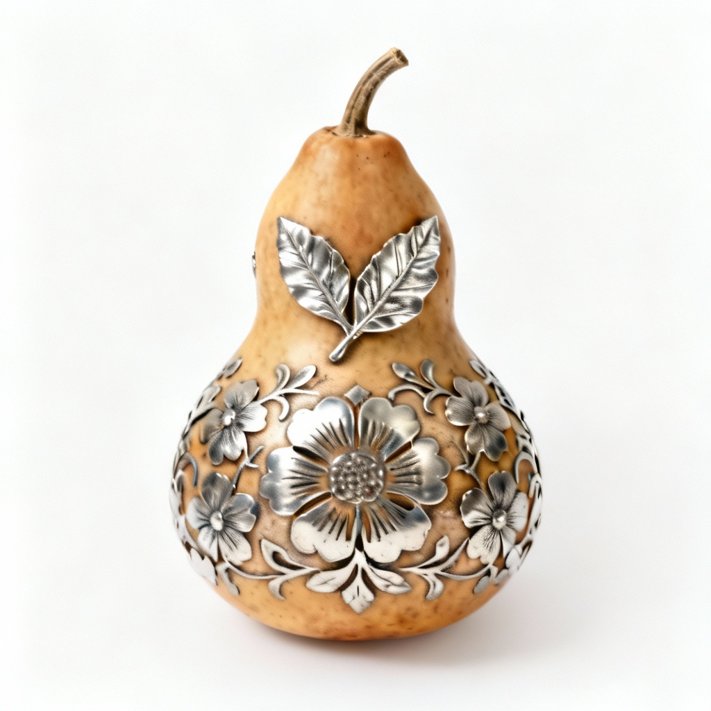 Etched Metal Decorated Gourd with Silver Leaf Accent - 6 Inch