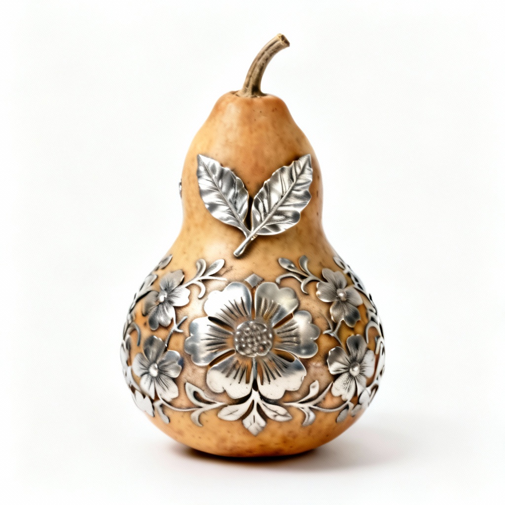 Etched Metal Decorated Gourd with Silver Leaf Accent - 6 Inch