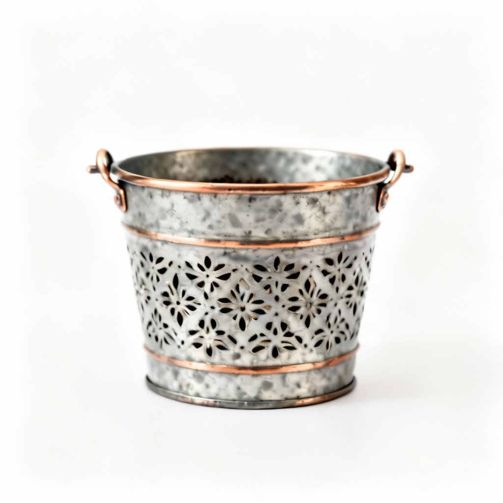 Etched Metal Planter with Copper Detailing - Small Indoor Herb Garden