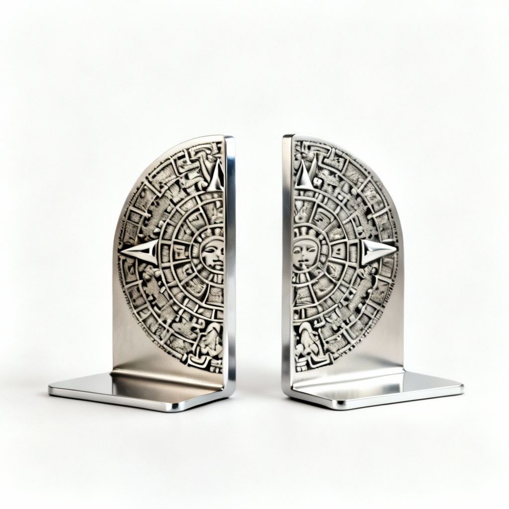 Etched Steel Mayan Calendar Bookends with Silver Accents