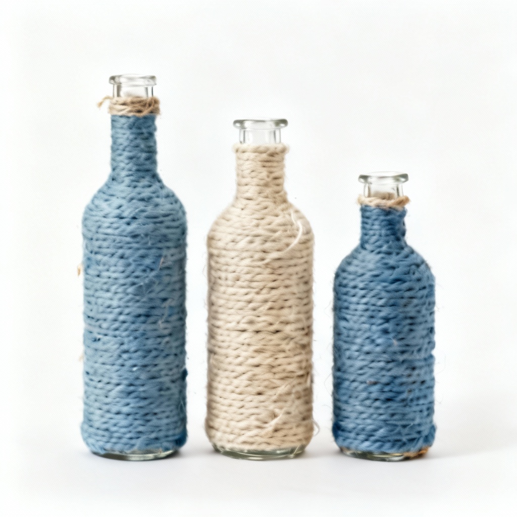 Fabric Wrapped Decorative Bottle Set - Coastal Blue & Natural Cotton - Set of 3