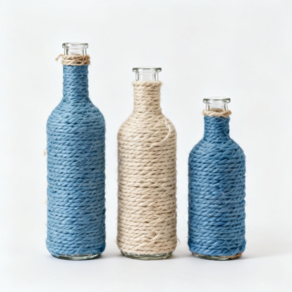 Fabric Wrapped Decorative Bottle Set - Coastal Blue & Natural Cotton - Set of 3