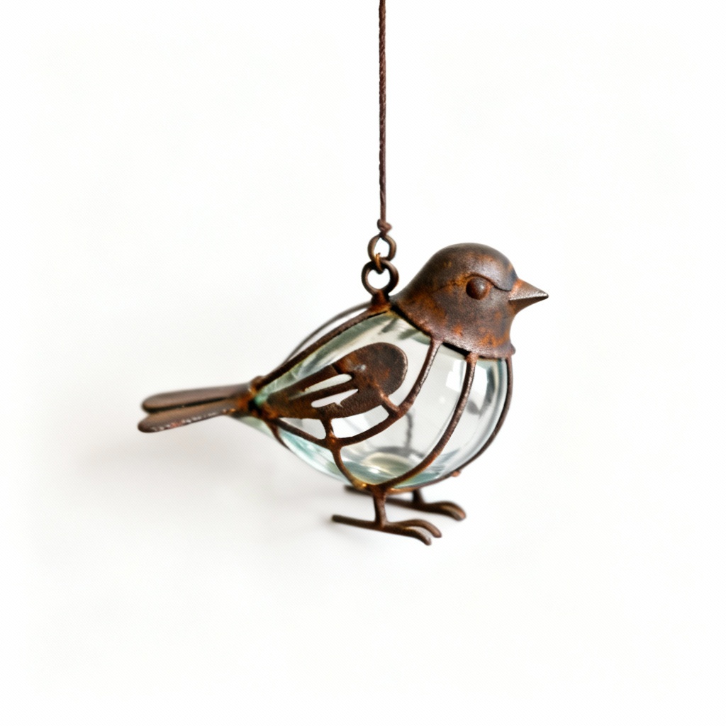 Folk Art Metal & Glass Bird Ornament - Hand Blown, Iron Accents