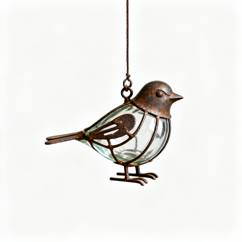 Folk Art Metal & Glass Bird Ornament - Hand Blown, Iron Accents