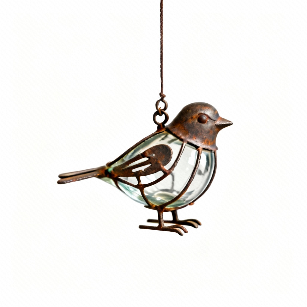Folk Art Metal & Glass Bird Ornament - Hand Blown, Iron Accents