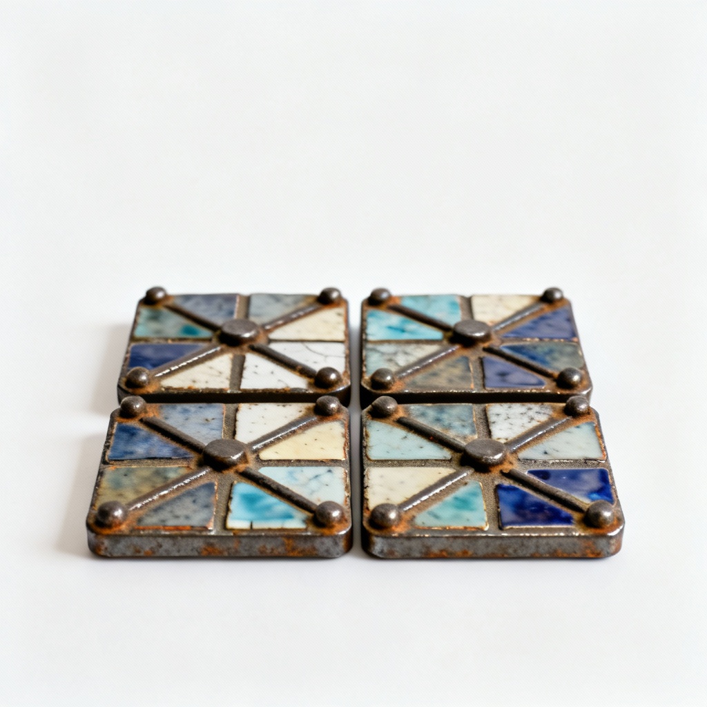 Folk Art Metal Mosaic Coasters - Set of 4 - Iron Accents