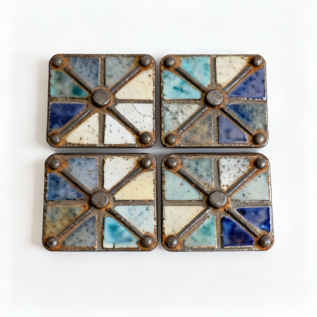 Folk Art Metal Mosaic Coasters - Set of 4 - Iron Accents