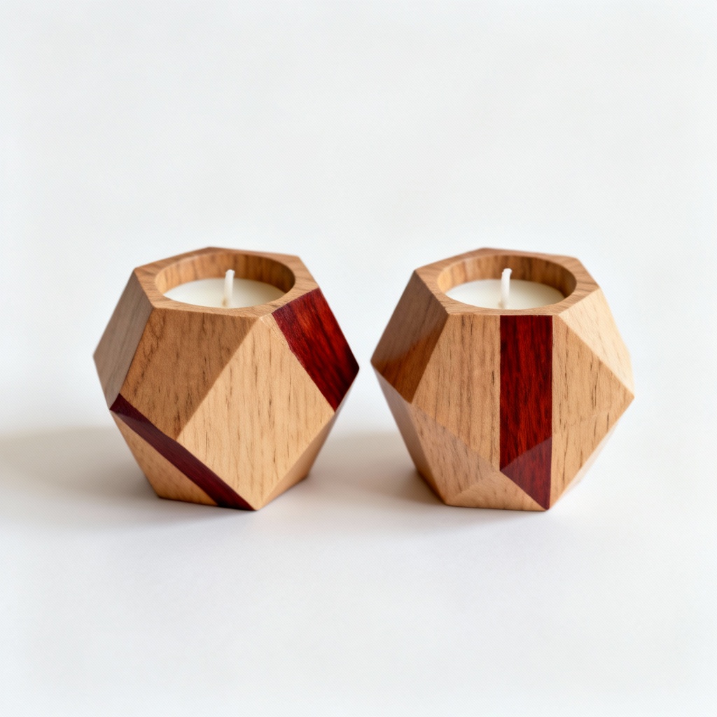 Geometric Beechwood Candle Holders with Cherry Inlays - Set of Two