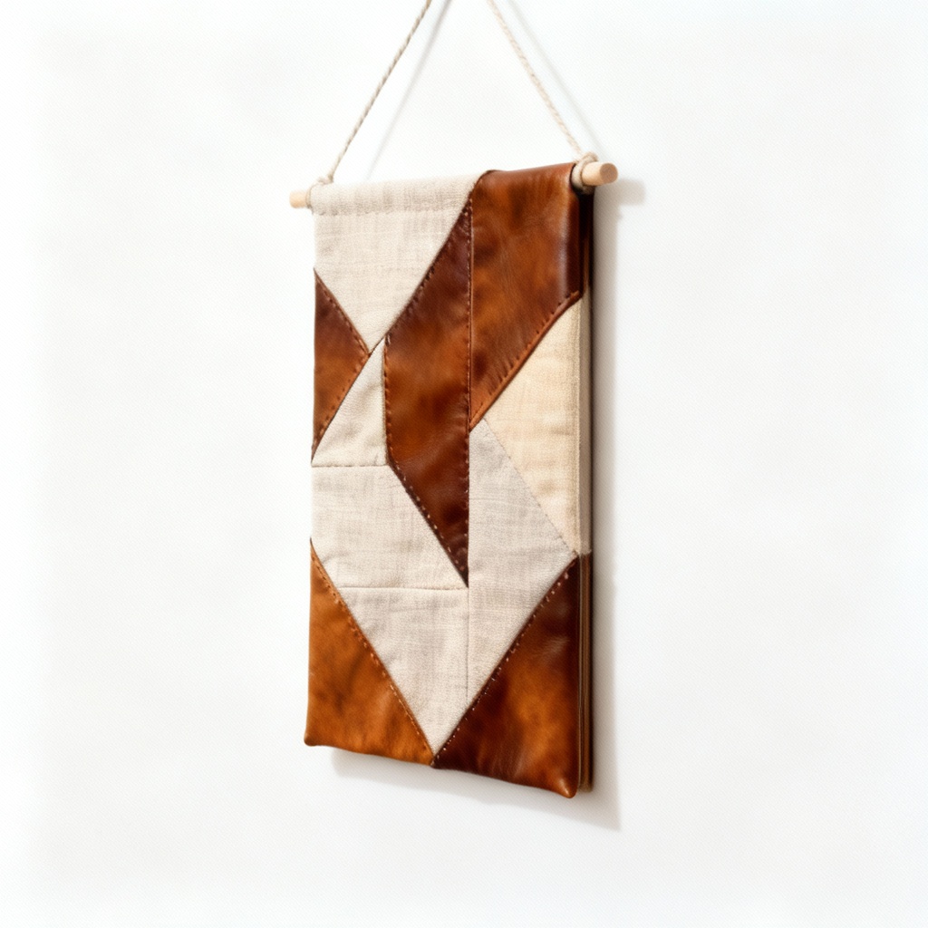 Geometric Leather & Linen Quilted Wall Art - Abstract Design, 12x18 Inches