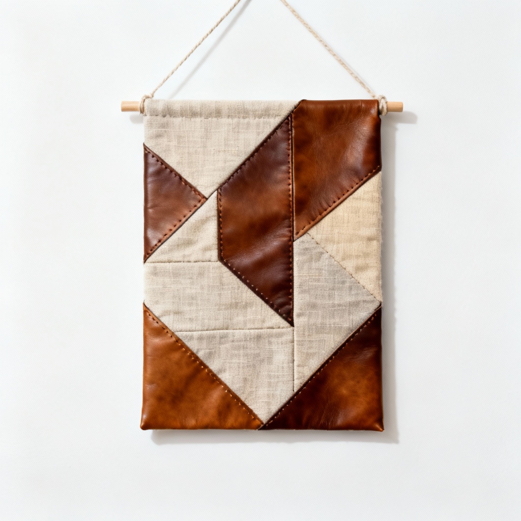 Geometric Leather & Linen Quilted Wall Art - Abstract Design, 12x18 Inches