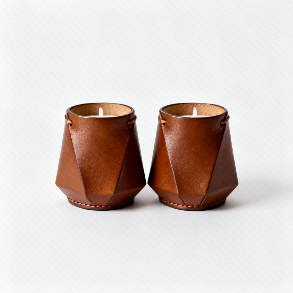 Geometric Leather Candle Holder Set - Top-Grain, Modern Design - Set of 2