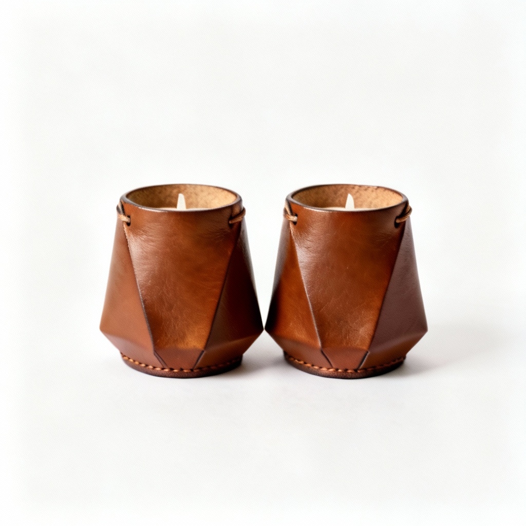 Geometric Leather Candle Holder Set - Top-Grain, Modern Design - Set of 2