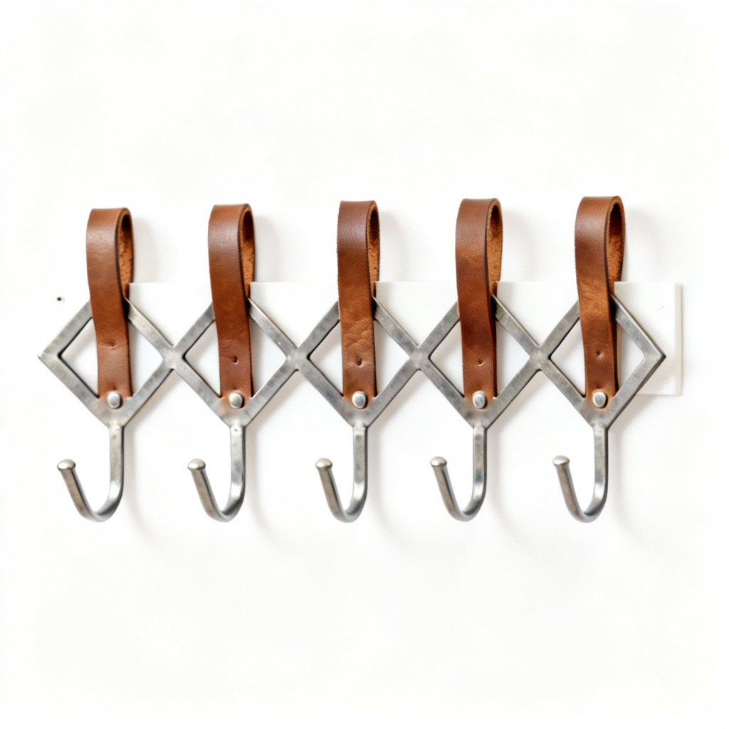 Geometric Leather Strap Iron Wall Hook Set - Modern Entryway Organizer