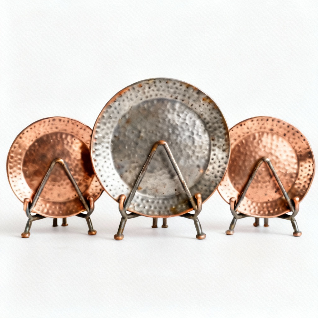 Hammered Metal and Copper Decorative Plate Stands - Set of 3