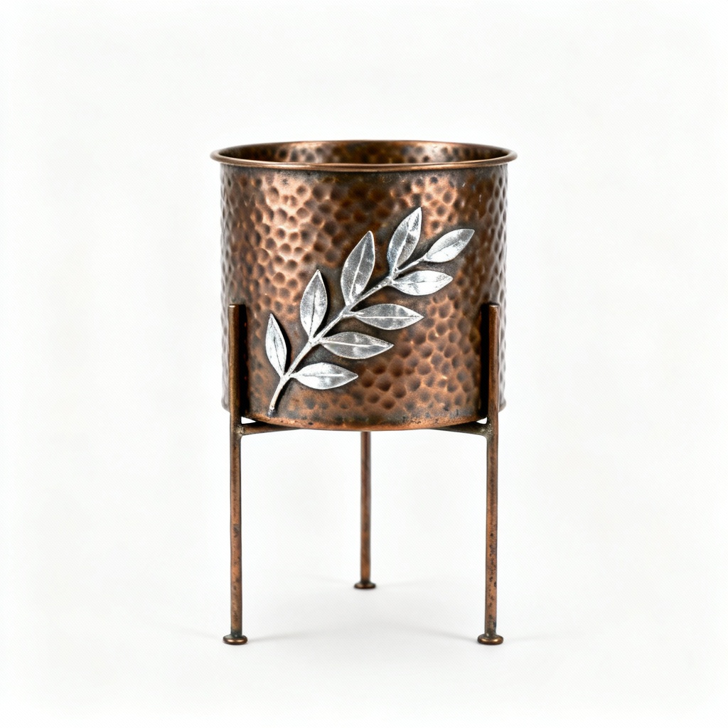 Hammered Metal Plant Stand with Silver Leaf Detailing, Small