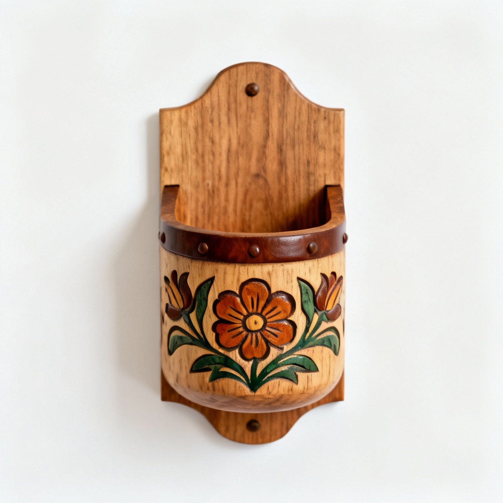 Hand-Carved Wooden Wall Pocket with Walnut Accent - Folk Art Floral Design