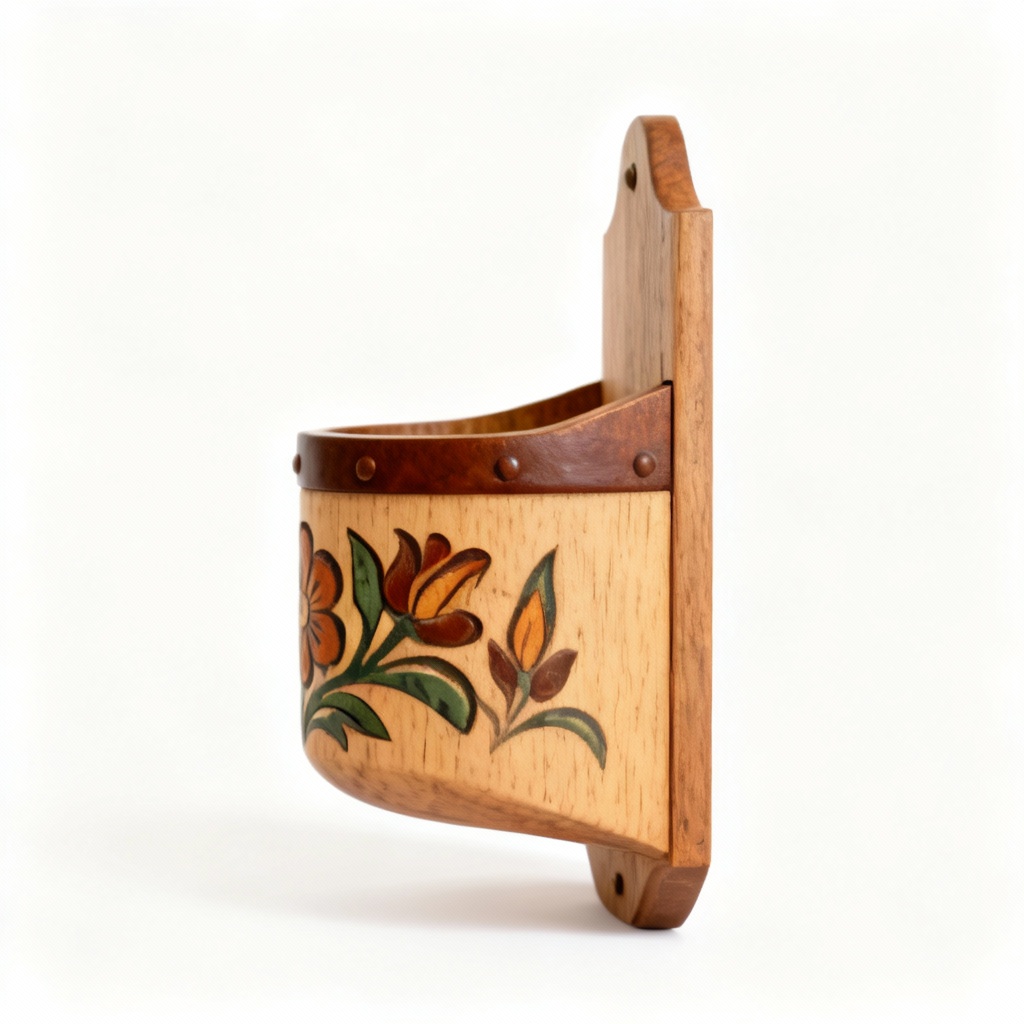 Hand-Carved Wooden Wall Pocket with Walnut Accent - Folk Art Floral Design
