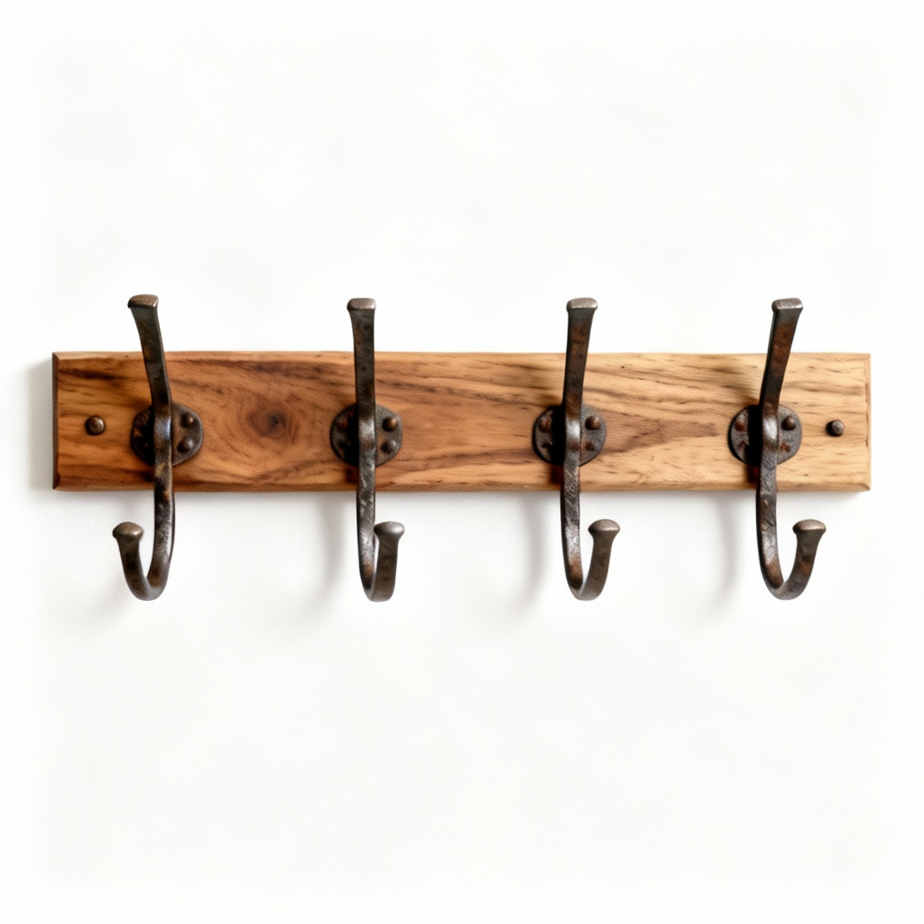 Hand-Forged Iron Hook Set with Beechwood Mount - Modern Entryway Organizer