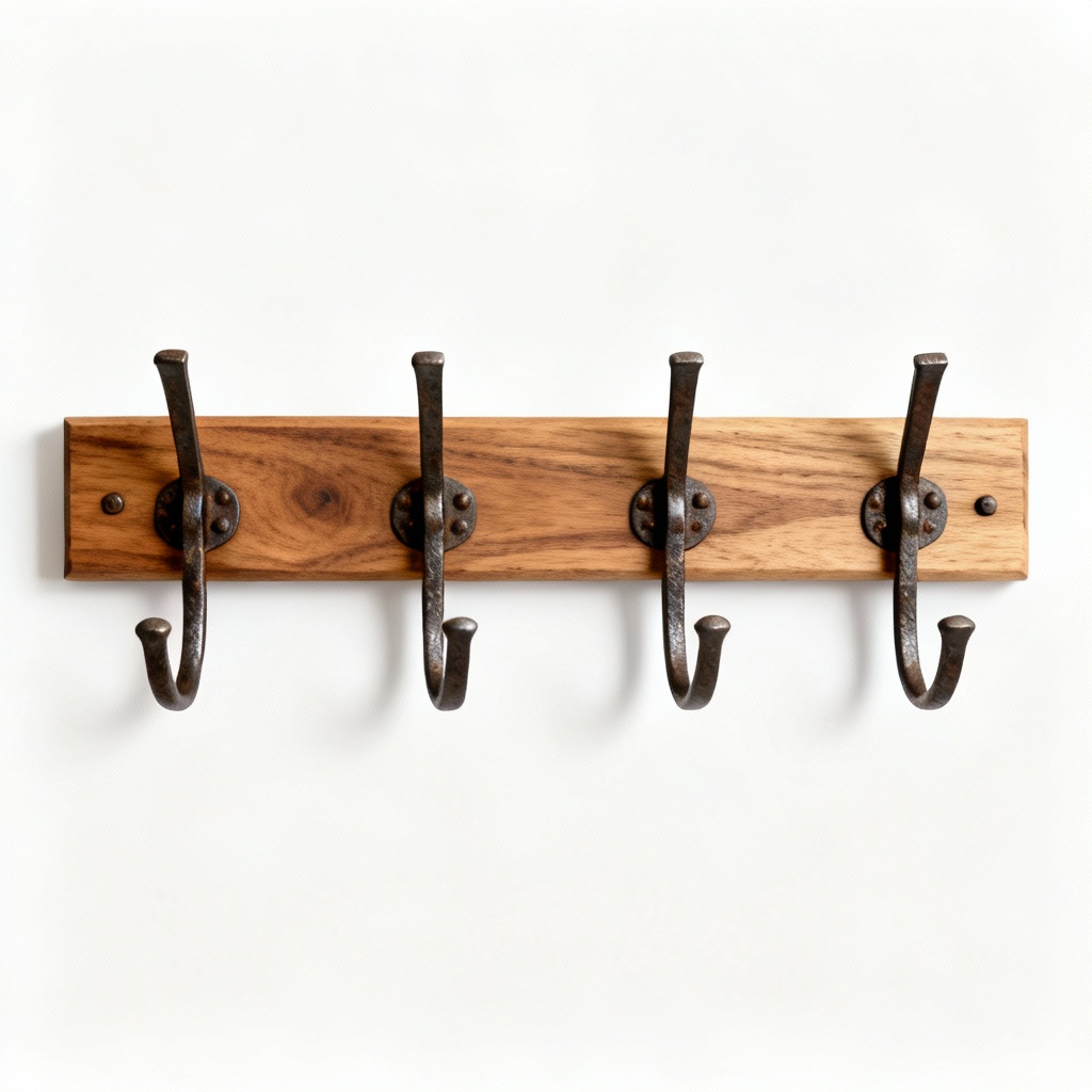 Hand-Forged Iron Hook Set with Beechwood Mount - Modern Entryway Organizer