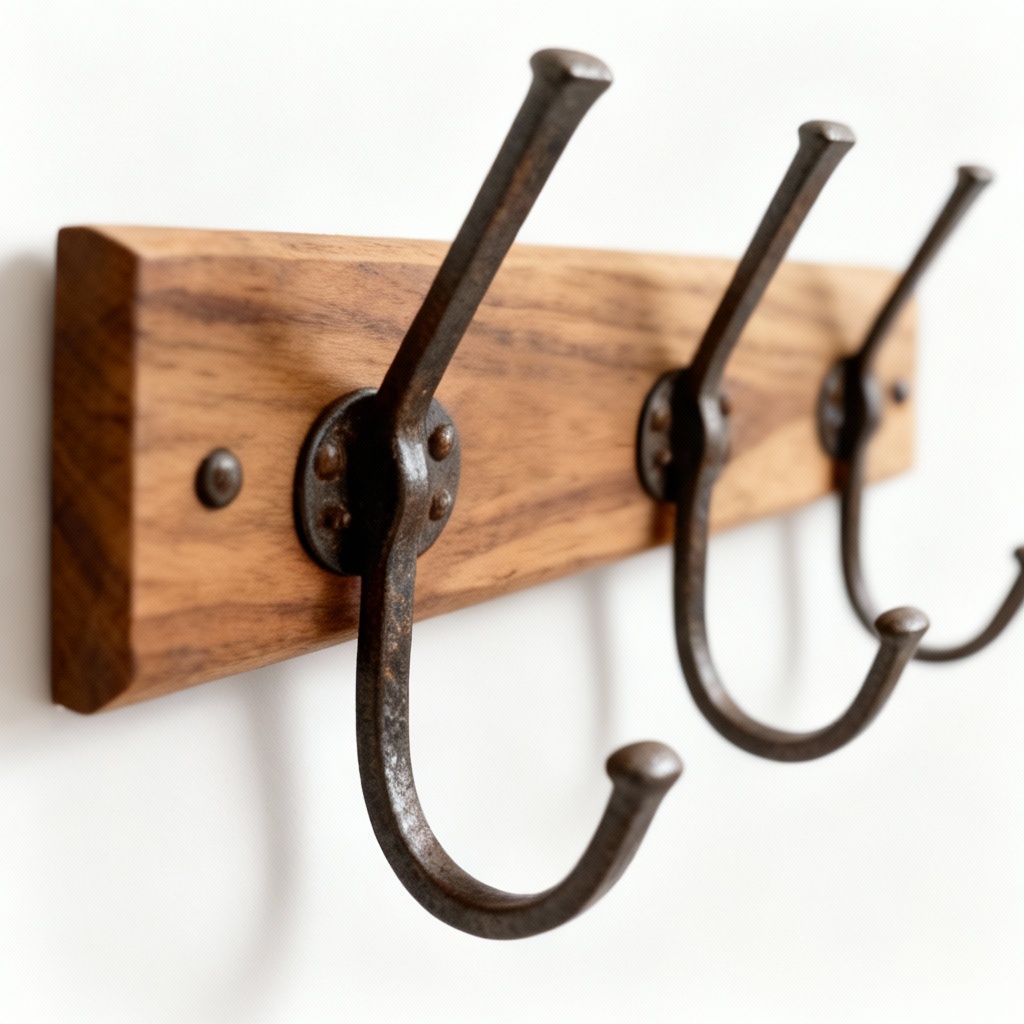 Hand-Forged Iron Hook Set with Beechwood Mount - Modern Entryway Organizer