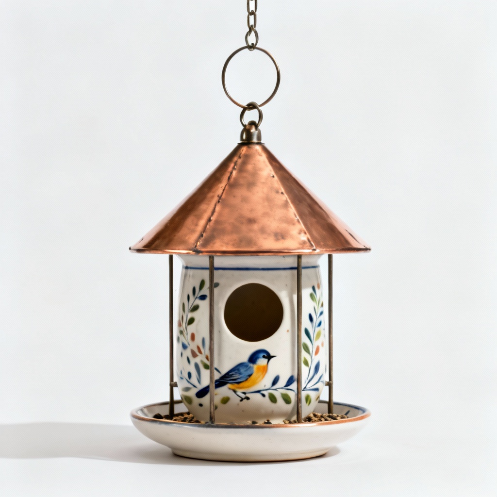 Hand-Painted Ceramic Bird Feeder with Copper Roof - Hanging Outdoor Garden Decor
