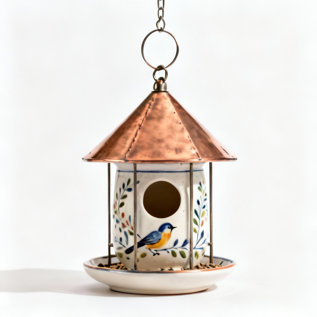 Hand-Painted Ceramic Bird Feeder with Copper Roof - Hanging Outdoor Garden Decor