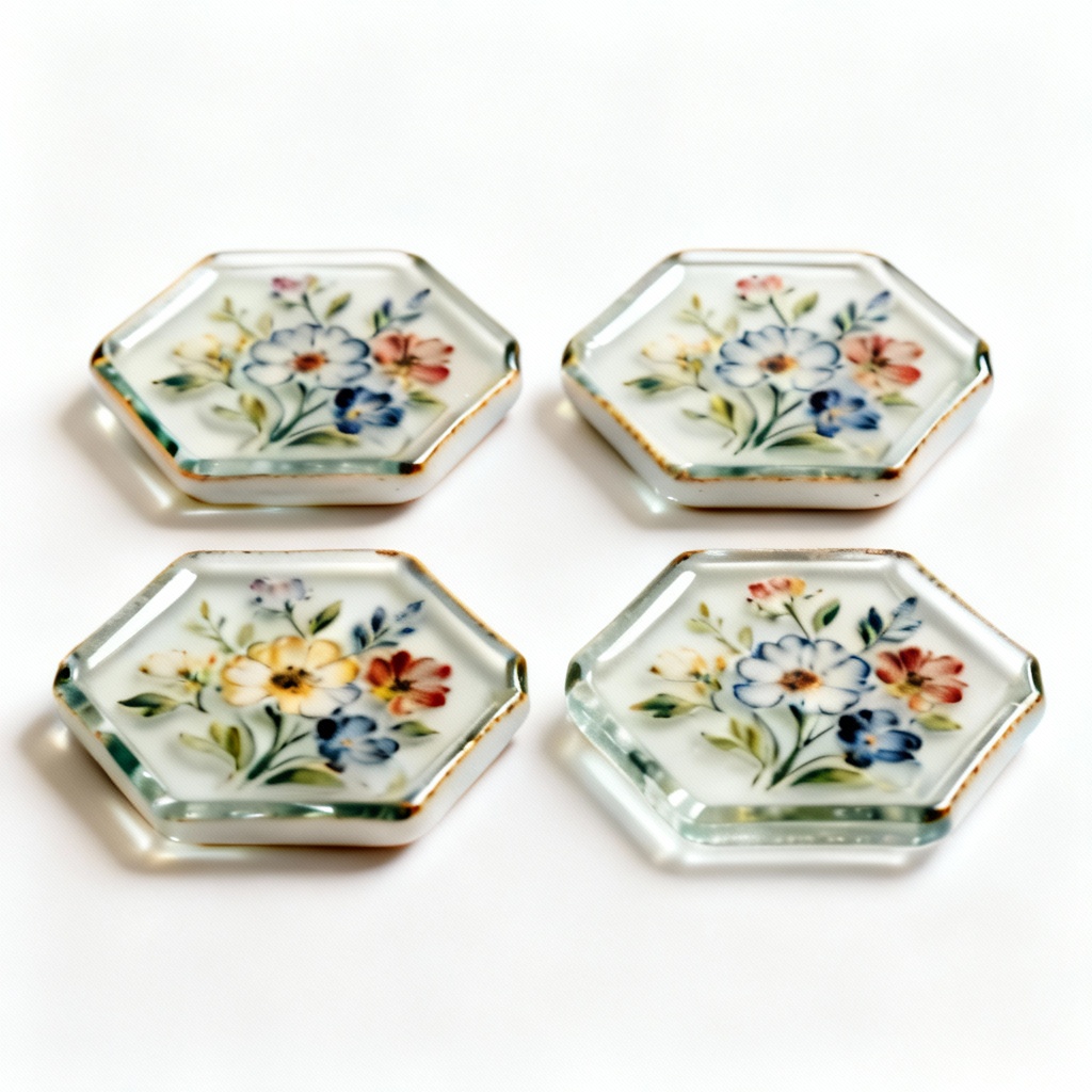 Hand-Painted Ceramic Coaster Set - Floral Design - Set of 4