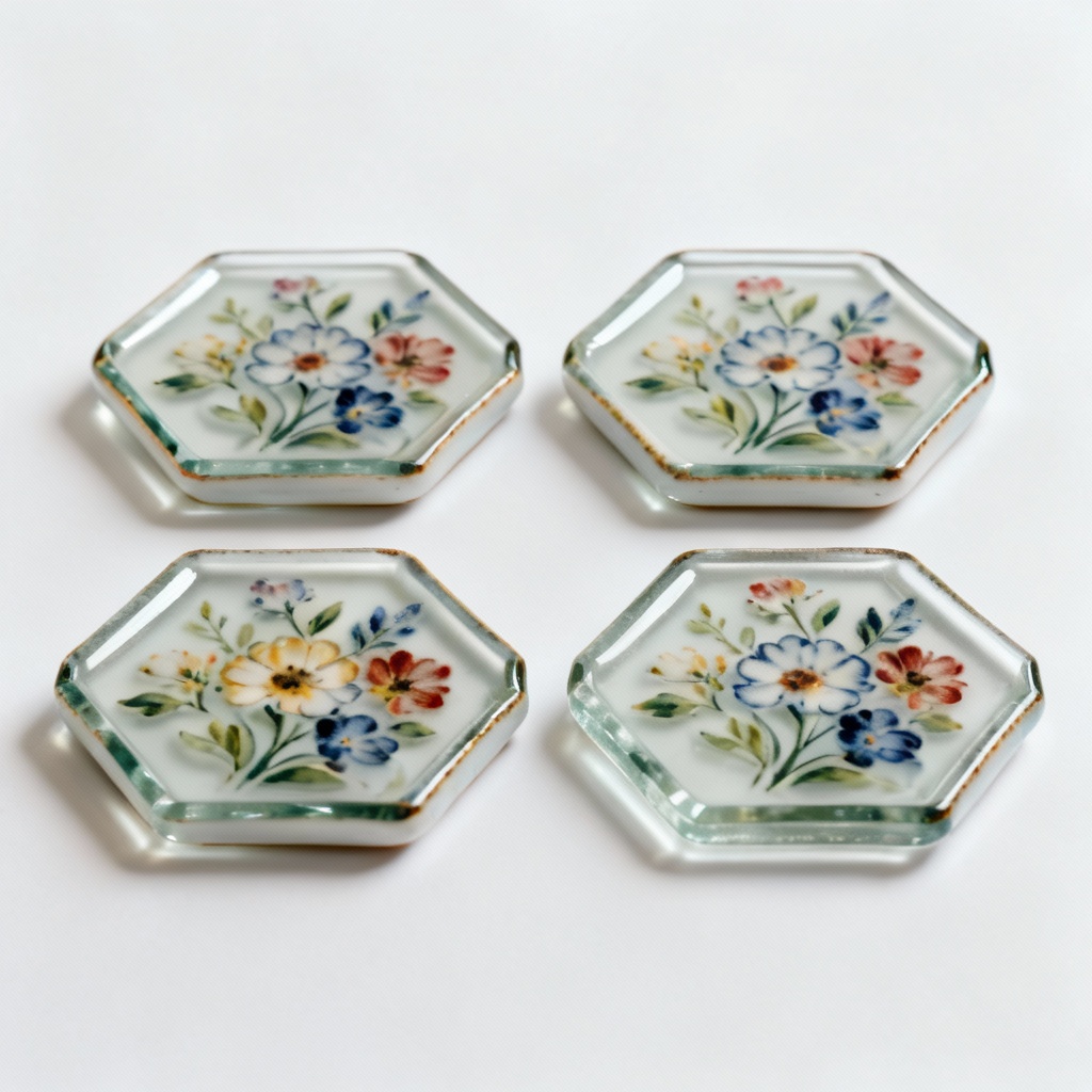 Hand-Painted Ceramic Coaster Set - Floral Design - Set of 4