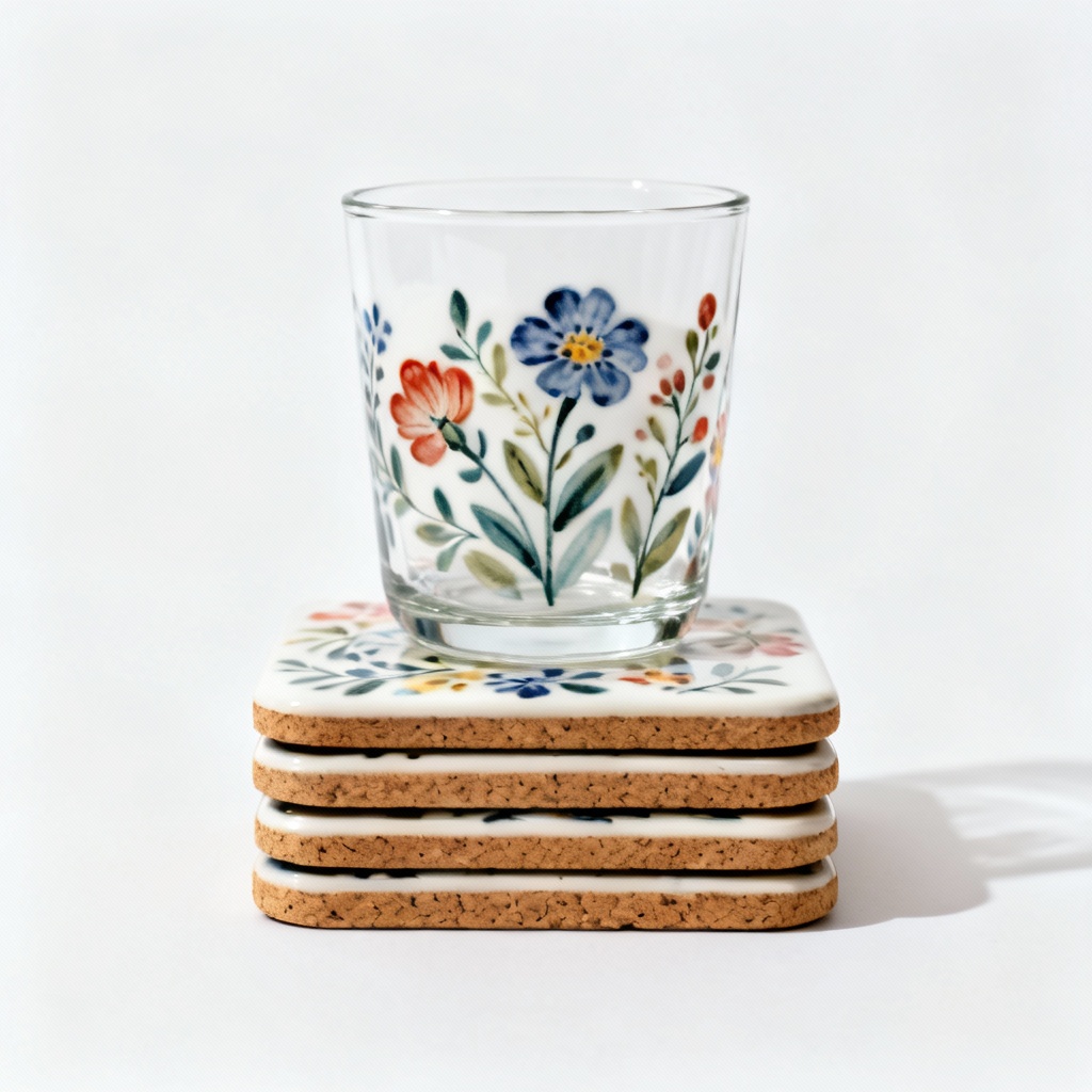 Hand-Painted Ceramic Coaster Set - Floral Design, Cork Backing - Set of 4