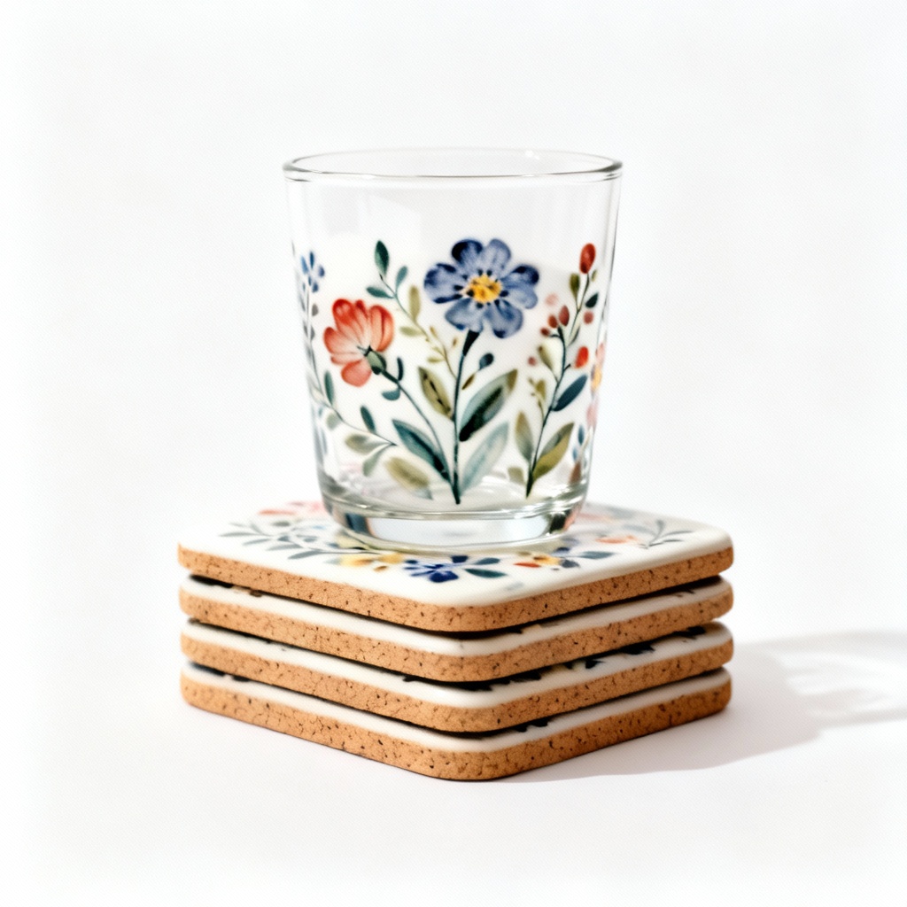 Hand-Painted Ceramic Coaster Set - Floral Design, Cork Backing - Set of 4