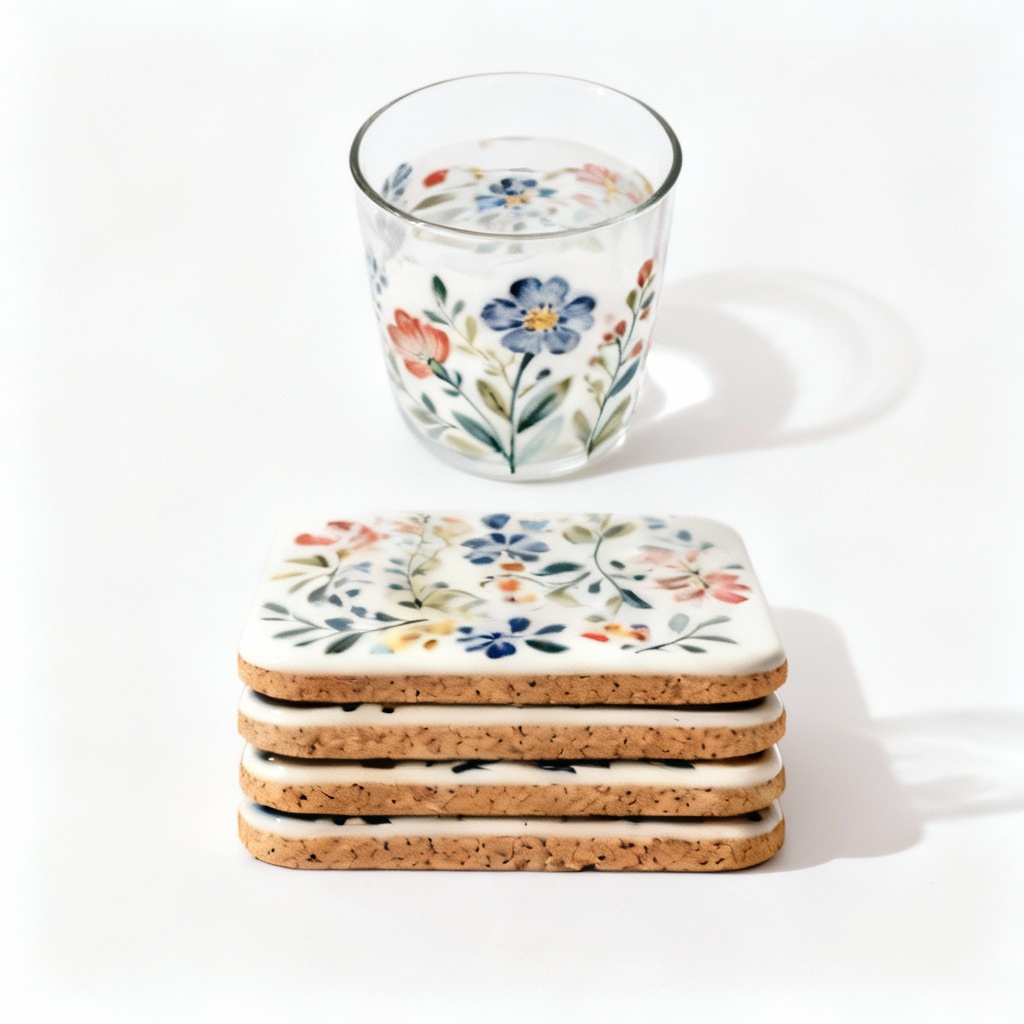 Hand-Painted Ceramic Coaster Set - Floral Design, Cork Backing - Set of 4